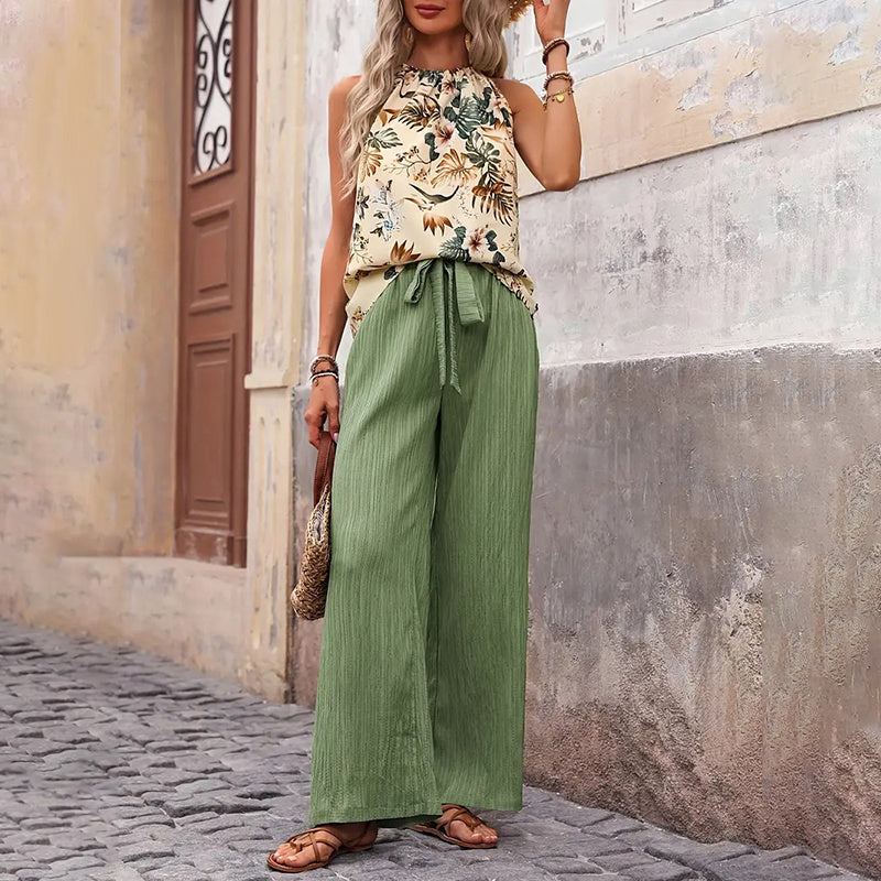 Damkläder med två delar, sommar, casual, ärmlös, halterneck, crop tops, vida ben, set med byxor