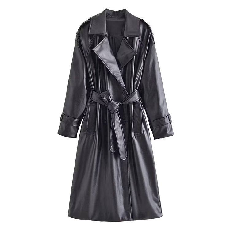 Women's Clothing Autumn Long Sleeve Slim Fit With Belt Imitation Leather Trench Coat