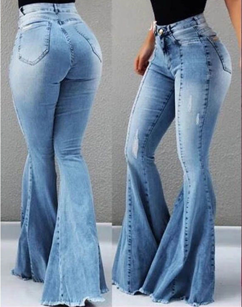 Elastisk hög midja Ripped Denim Bell-bottom byxor kvinnor