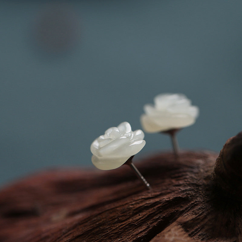 Ose Flower Sterling Silver Women Hetian Jade Flower Earrings