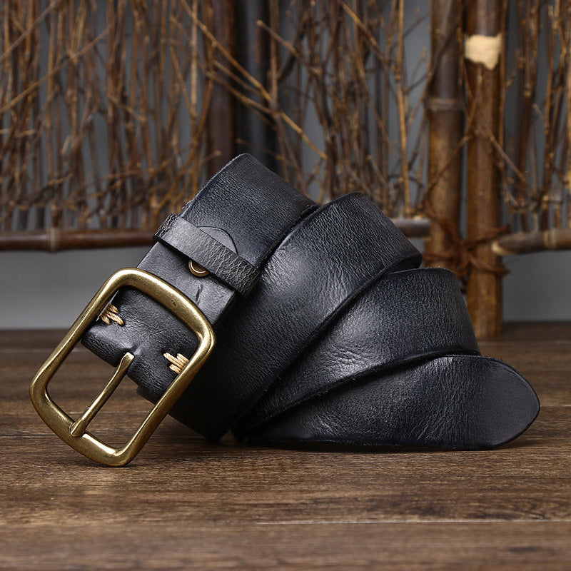 Men's Cowhide Vintage Distressed Pleated Brass Buckle Belt - Weathered Heritage