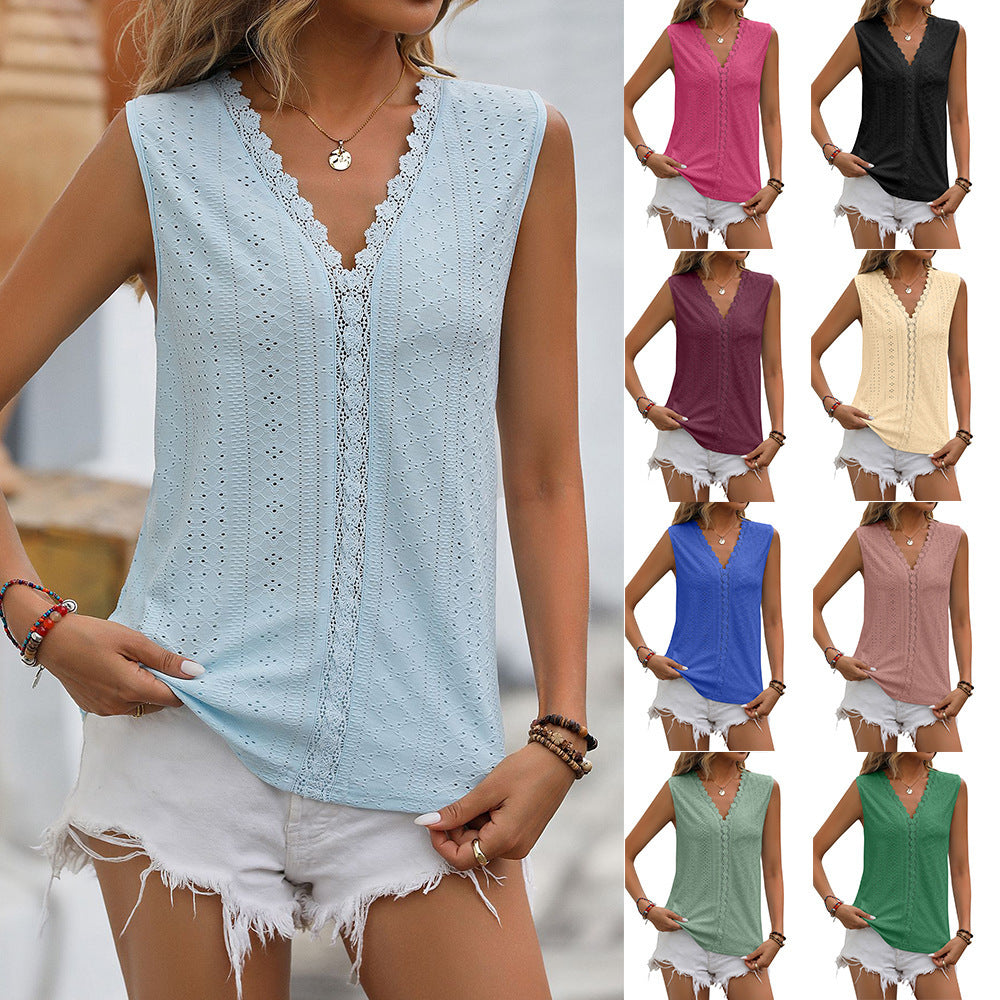 Elegant Lace Tops for Women - V-neck Sleeveless Hollow Out Vest