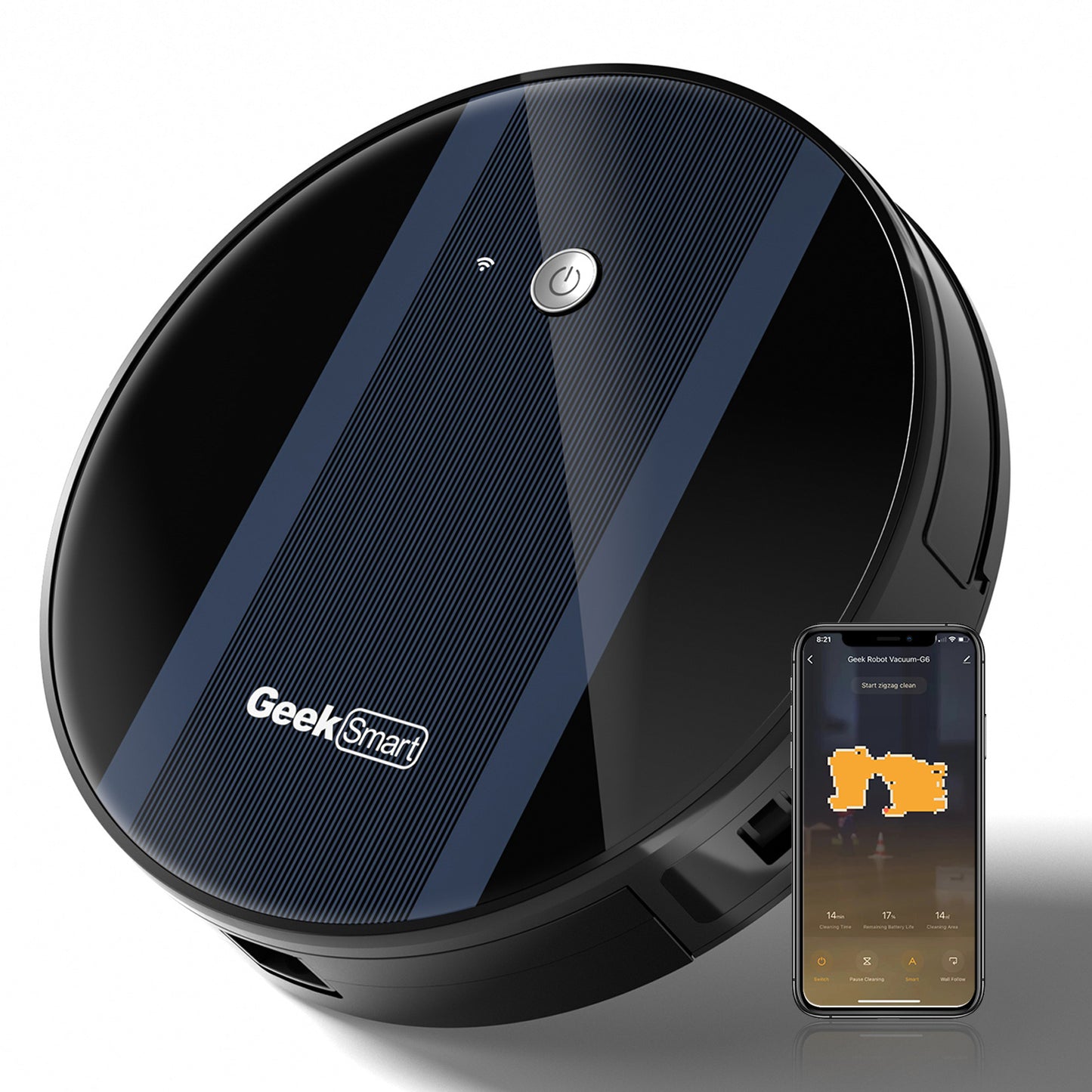 Geek Smart robotdammsugare G6 Plus, ultratunn, 1800Pa stark sugkraft, automatisk självladdning, Wi-Fi-anslutning, appkontroll, anpassad rengöring, utmärkt för hårda golv till mattor