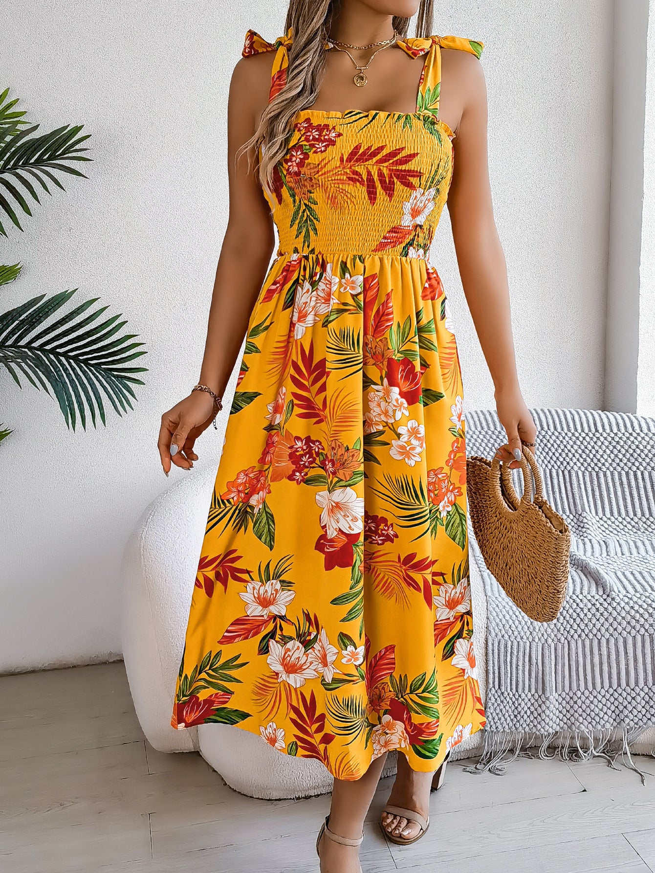 Floral Print Suspender Corset Dress - Instagram Fashion Holiday Beach Long Dress - Summer Women's Clothing - High Waist Sleeveless