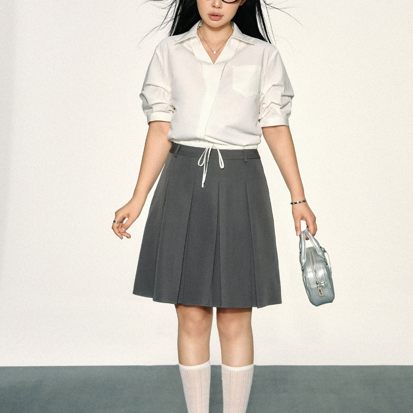Courtyard Quick Color Drawstring Pleated A-Line Dress - Half-length Dress Skirt