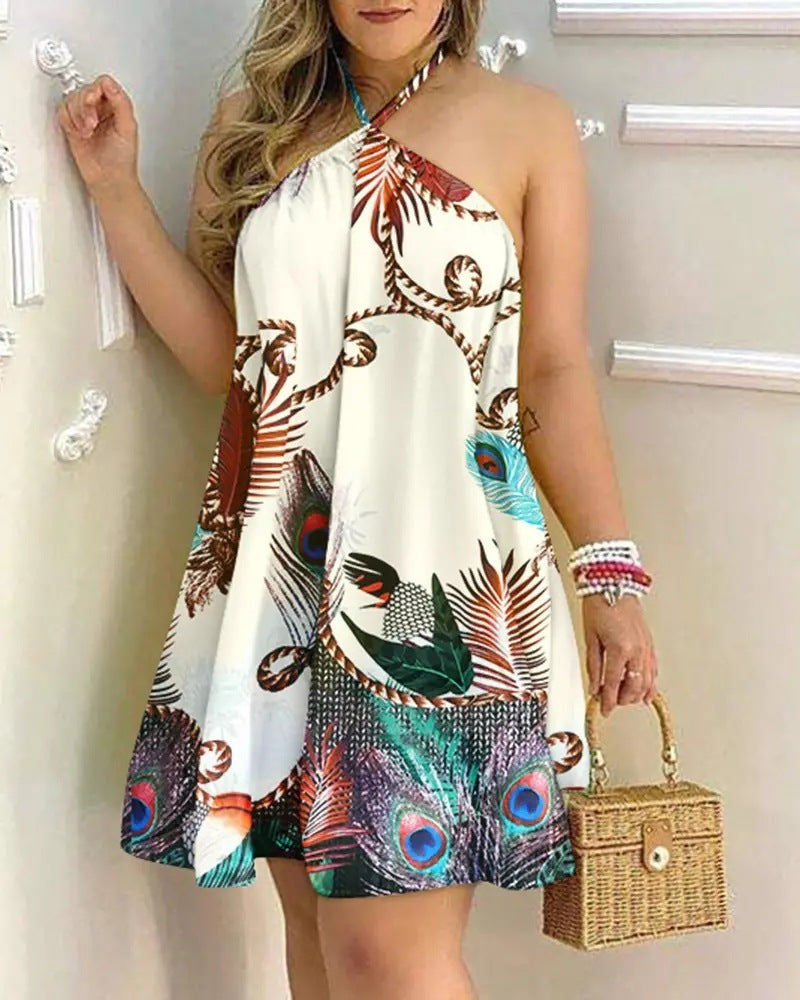 3D Effect Printed Summer Off-Shoulder Hanging Neck A-Line Dress
