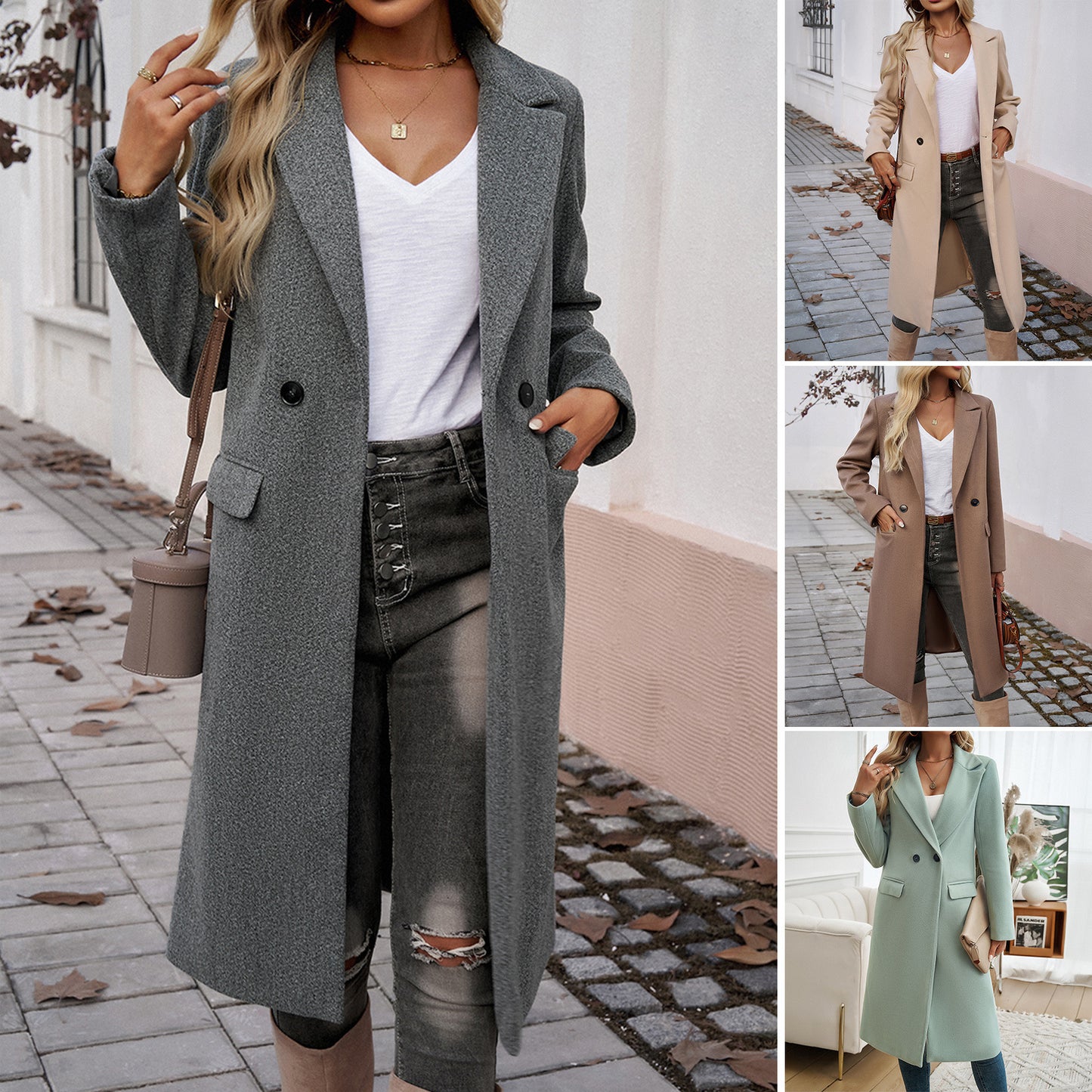 Lady Temperament Commuting Turn-Down Collar Coat - Solid Color Pocket Lengthened Long Sleeve