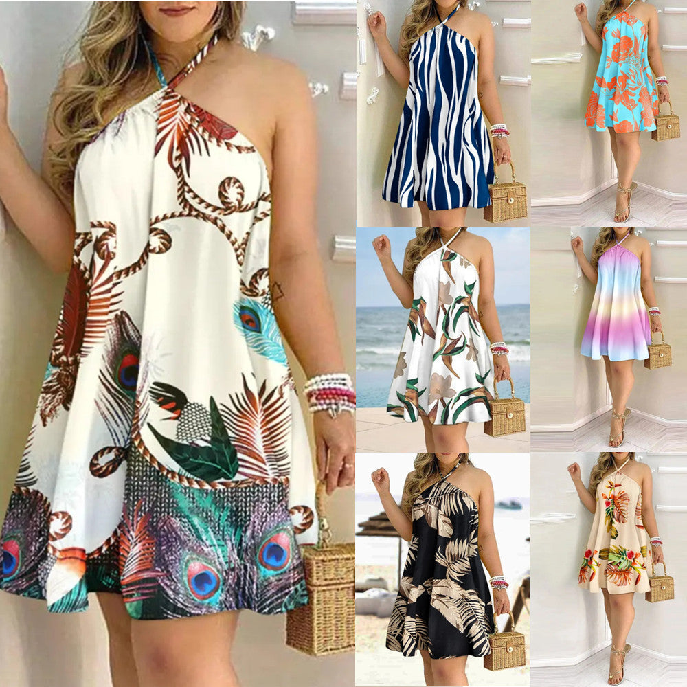 3D Effect Printed Summer Off-Shoulder Hanging Neck A-Line Dress