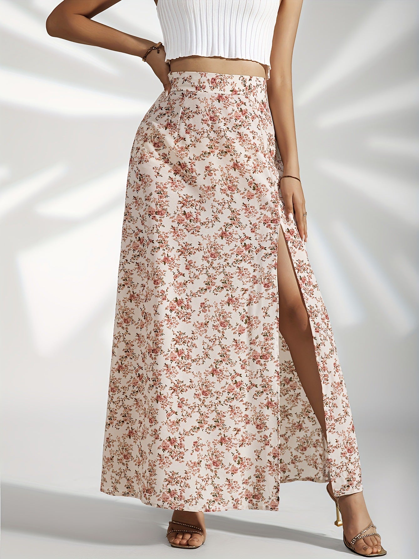 Gentle High Waist Slit Floral Skirt For Women - Feminine Softness
