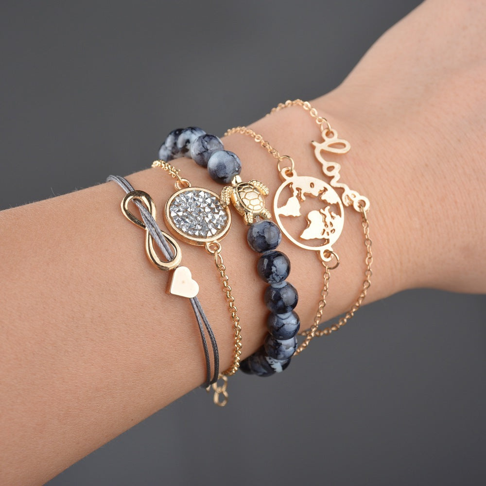 Vintage Turtle Heart Map Charm Bracelet - Boho Jewelry for Women