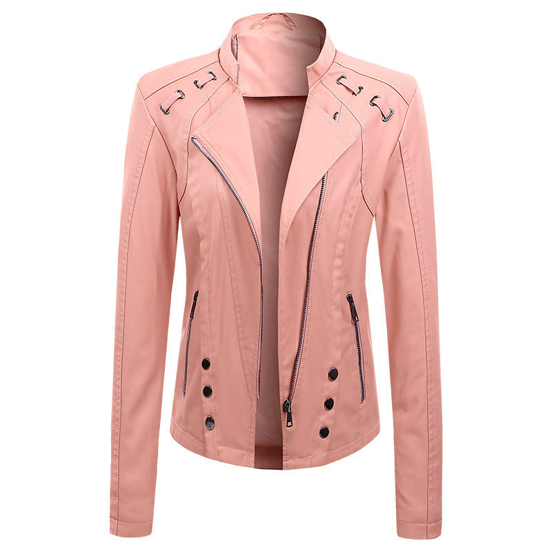 New Spring And Autumn New Leather PU Leather Jacket Women's Short - V-Neck Zipper Conventional Sleeve