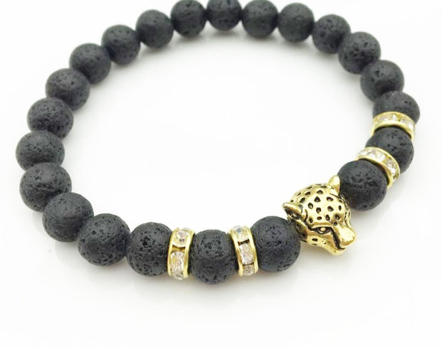 8mm Natursten Lavasten Pärlarmband För Män Leopardhuvud Leopardhänge Charm Armband Handgjorda Smycken