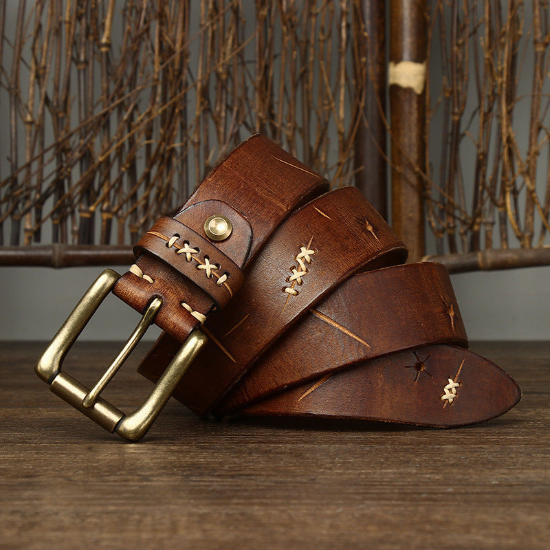 Men's Washed-Out Vintage First Layer Cow Leather Pin Buckle Jeans Belt - Authentic Character