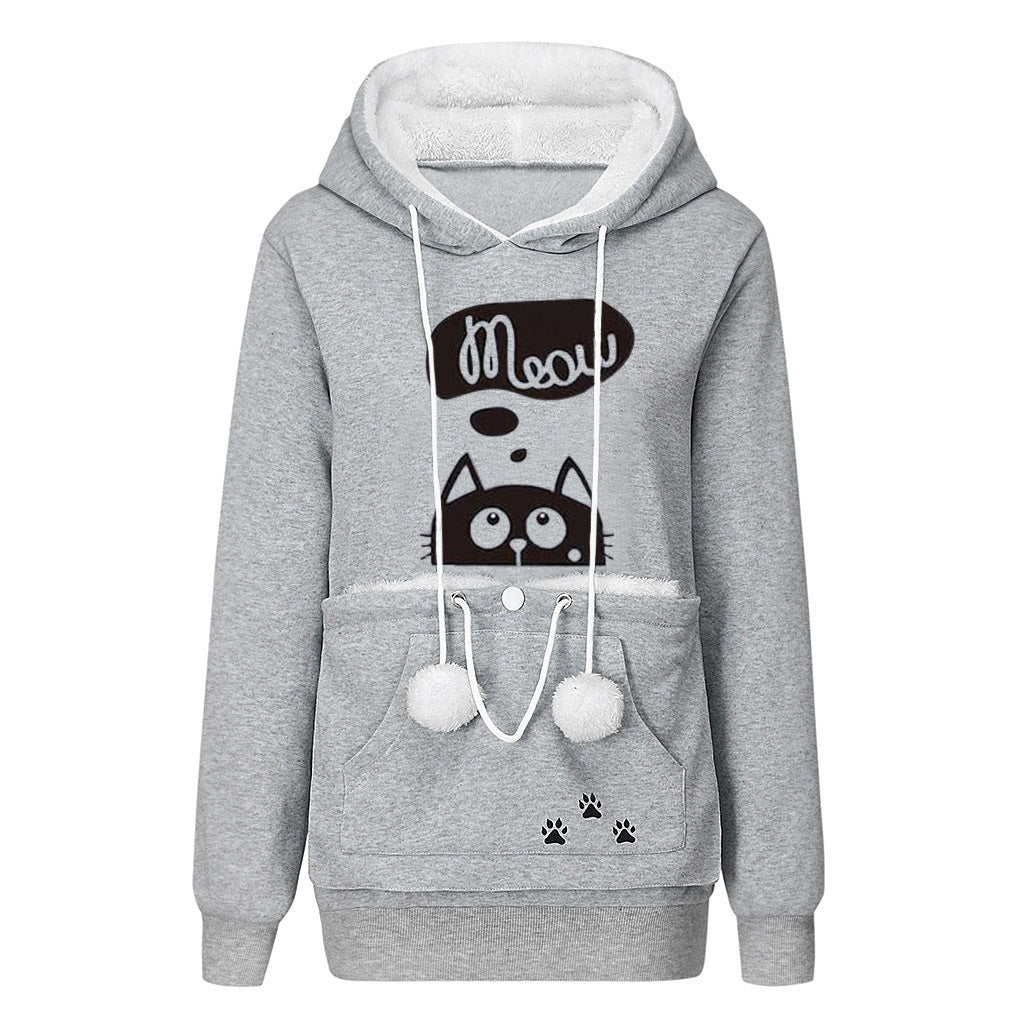 Cat Print Hoodie with Big Pocket for Pets - Long Sleeve Sweater for Women