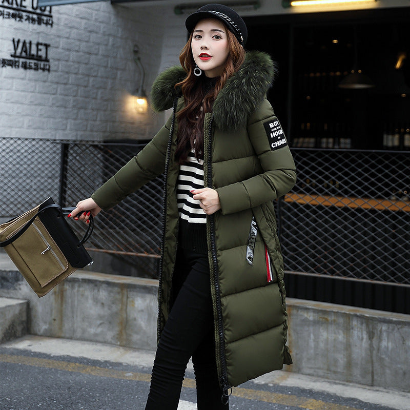 Long Cotton Jacket Hooded Big Fur Collar Down Jacket - Medium Length Casual Slim Fit Fox Hair