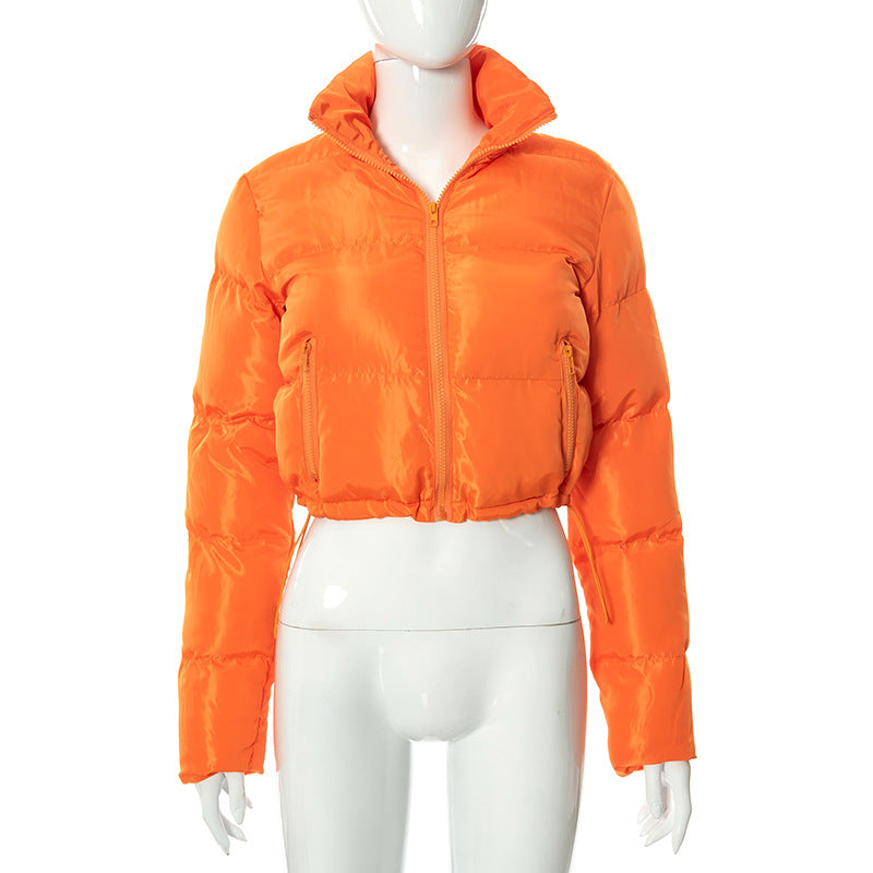 Mode manteau court hiver chaud à manches longues col montant fermeture éclair pain coton manteau avec cordon conception veste femme