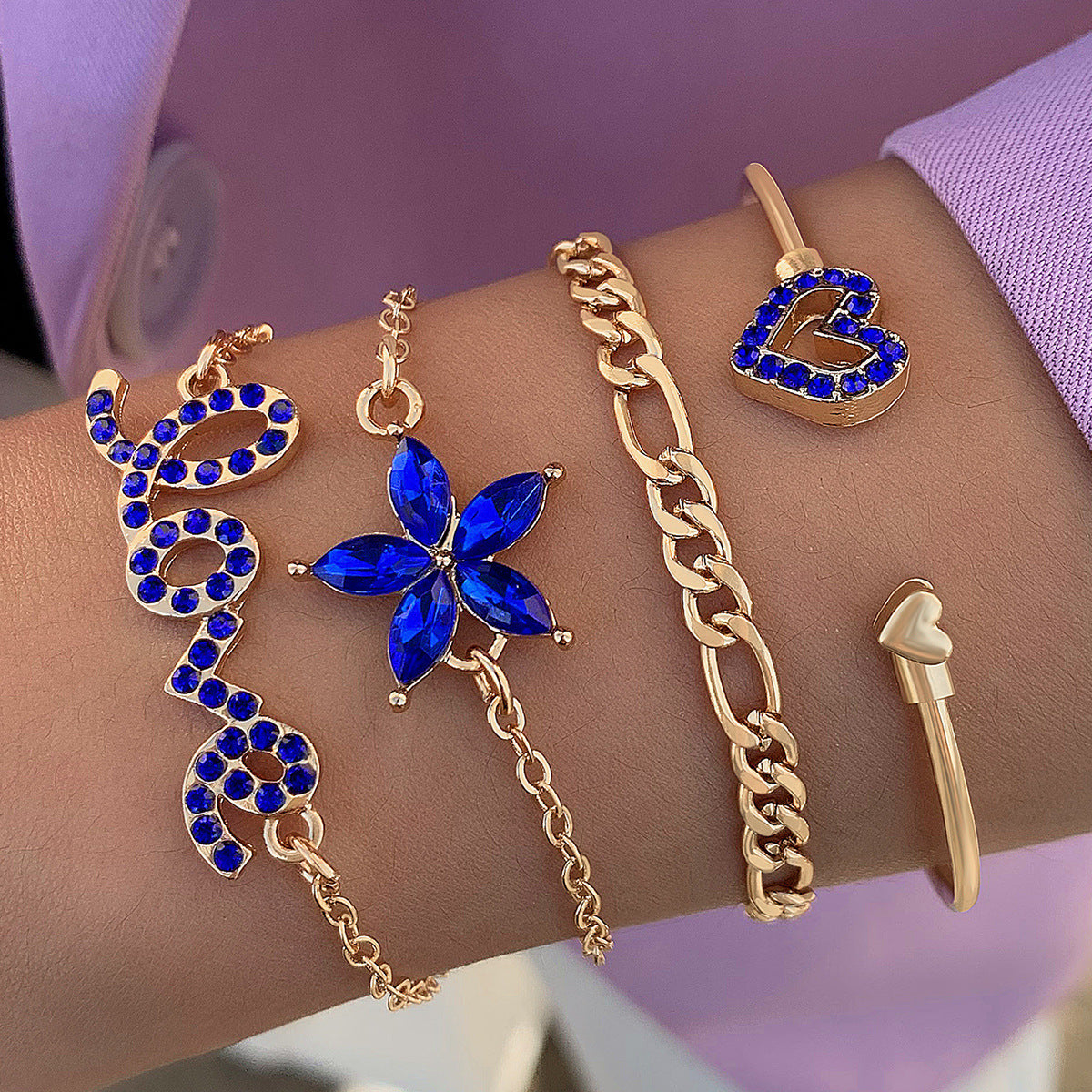 4st blå blomma kärlek fjäril armband set med strass design alla hjärtans dag