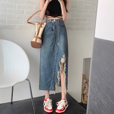 Women's Retro Denim A-Line Skirt - Irregular Slit Mid-Length