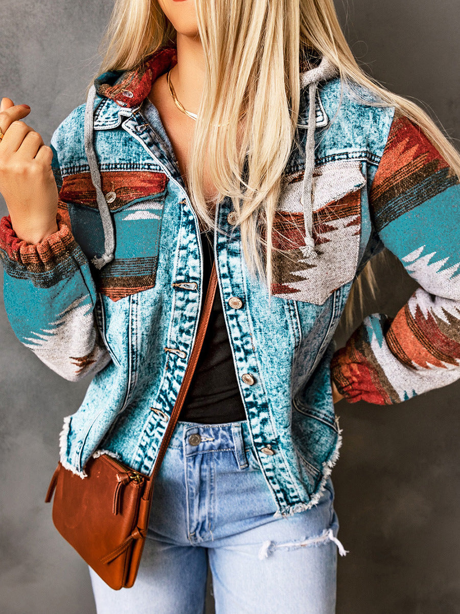 Western Style Denim Stitching Hooded Jacket Multi-Color Printed Frayed Hem Jacket - Edgy High-Quality Stylish Cozy