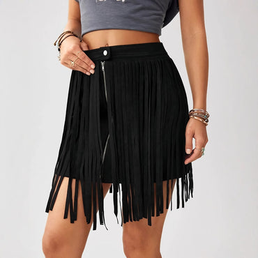 Western Denim Style Women's Solid Color Tassel Front Zipper Casual Short Skirt