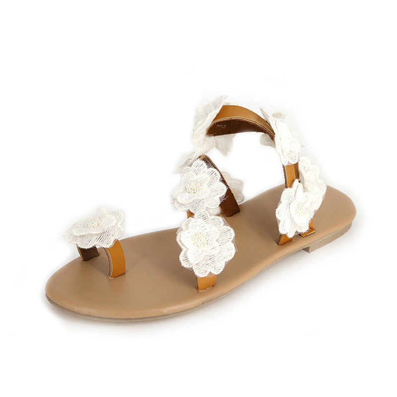 Summer PU Toe Flowers Flat Bottom Sandals - Ladies Fashion