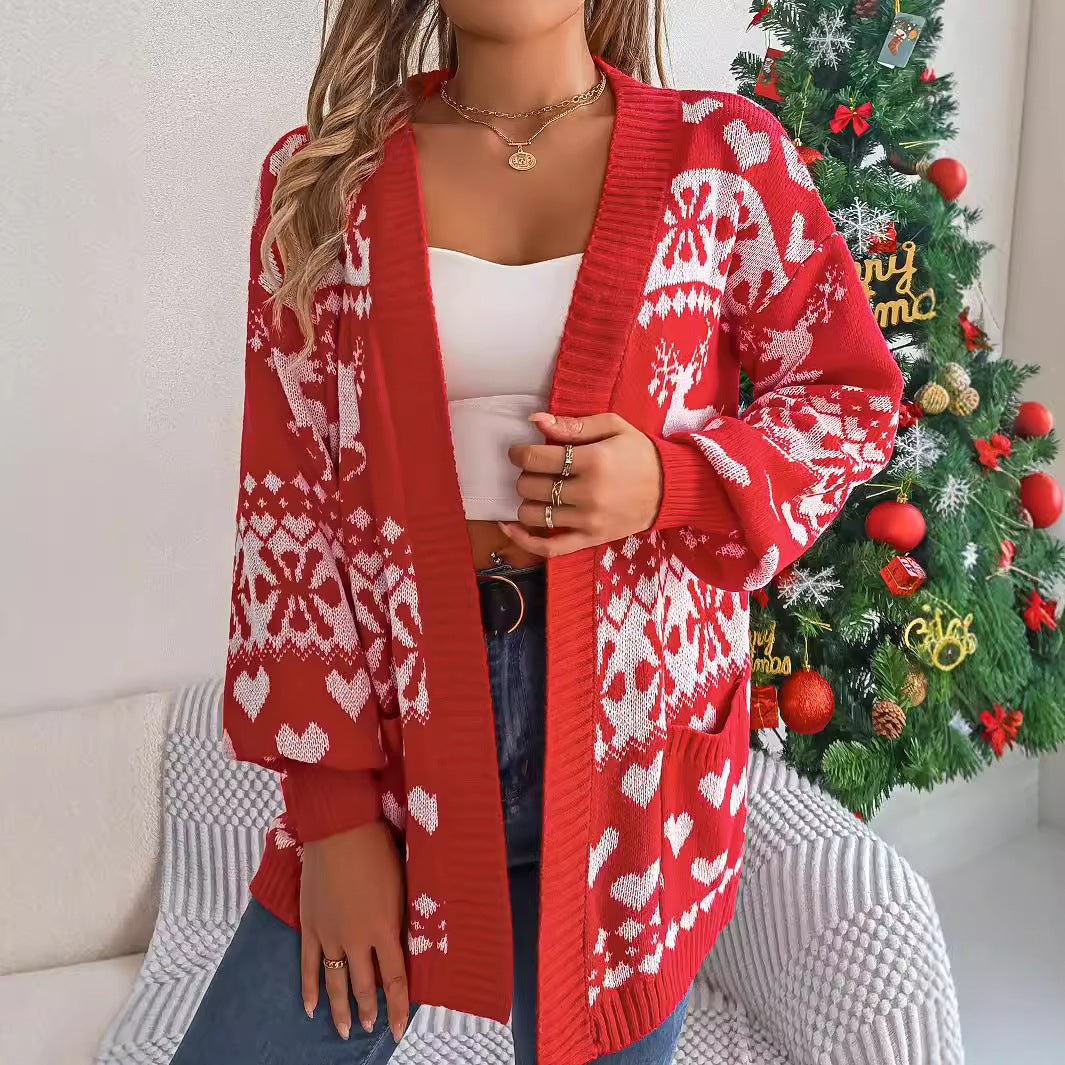 Christmas Women's Open Front Cardigan - Lantern Sleeve, Xmas Printed, Oversized Deer Sweater with Pockets