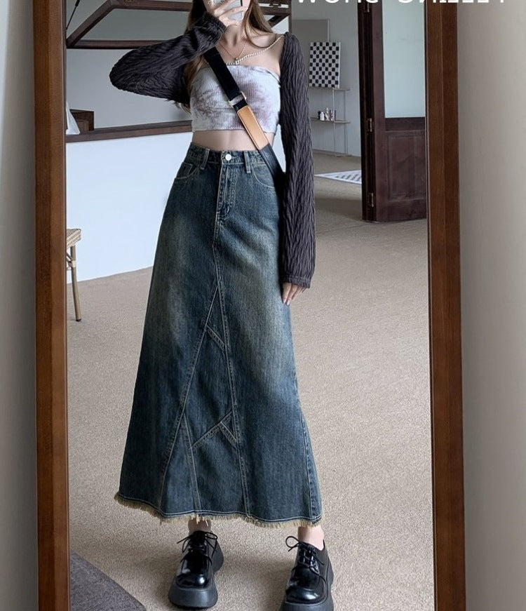 Niche Hot Girl Design Lotus Leaf Hip Fishtail Skirt Women's High Waist Slit Denim Skirt