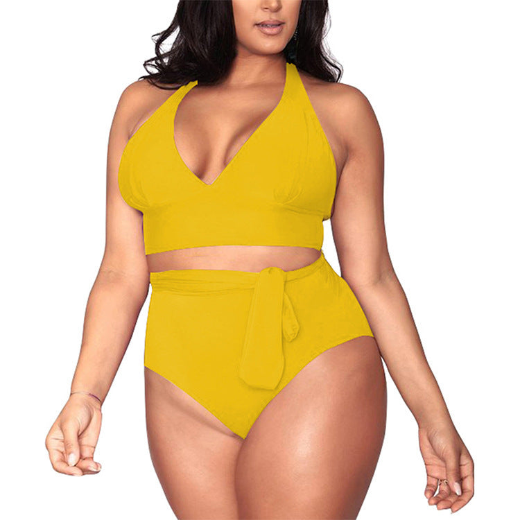 Split large size straps sexy bikini multi-rope belt deep V high waist swimsuit women