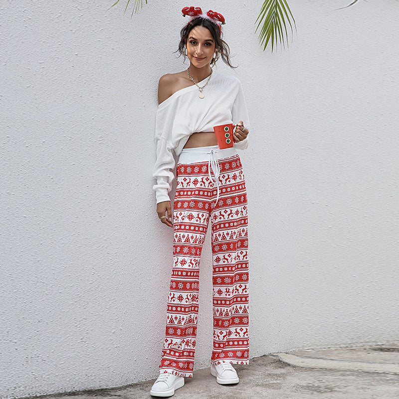 Christmas Print Pants Women Fashion Casual Drawstring Trousers With Christmas Snowflake Tree Elk Print - Holiday Spirit