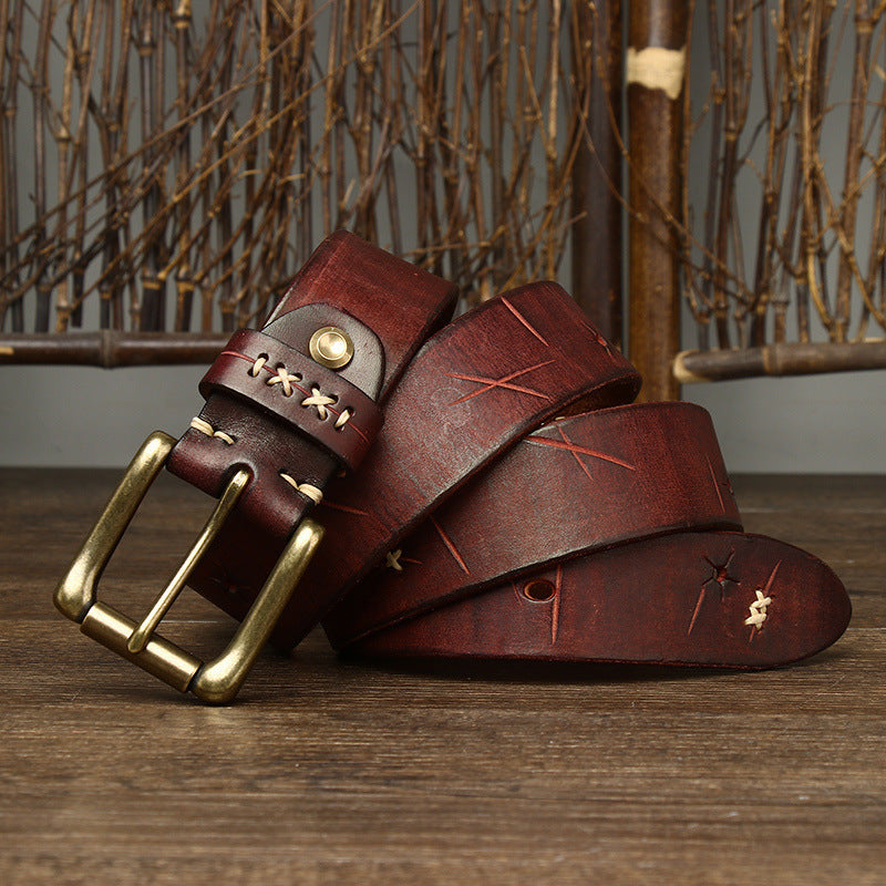 Men's Washed-Out Vintage First Layer Cow Leather Pin Buckle Jeans Belt - Authentic Character
