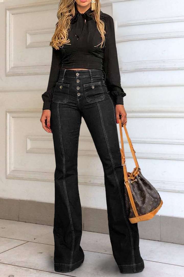 Stitching Washed Denim Stretch Slim Fit Bell-bottom Pants - Artisan Craft