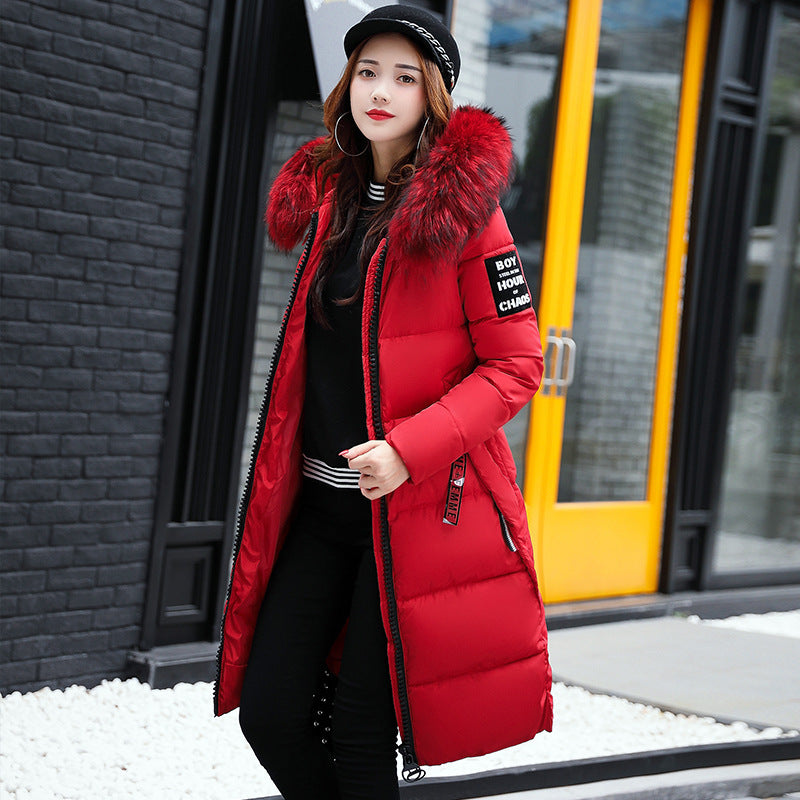 Long Cotton Jacket Hooded Big Fur Collar Down Jacket - Medium Length Casual Slim Fit Fox Hair