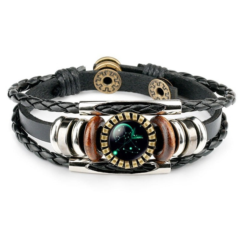 Stjärnteckenarmband för kvinnor och män, 12 stjärnbilder, pärlbesatta handvävda PU-läderarmband