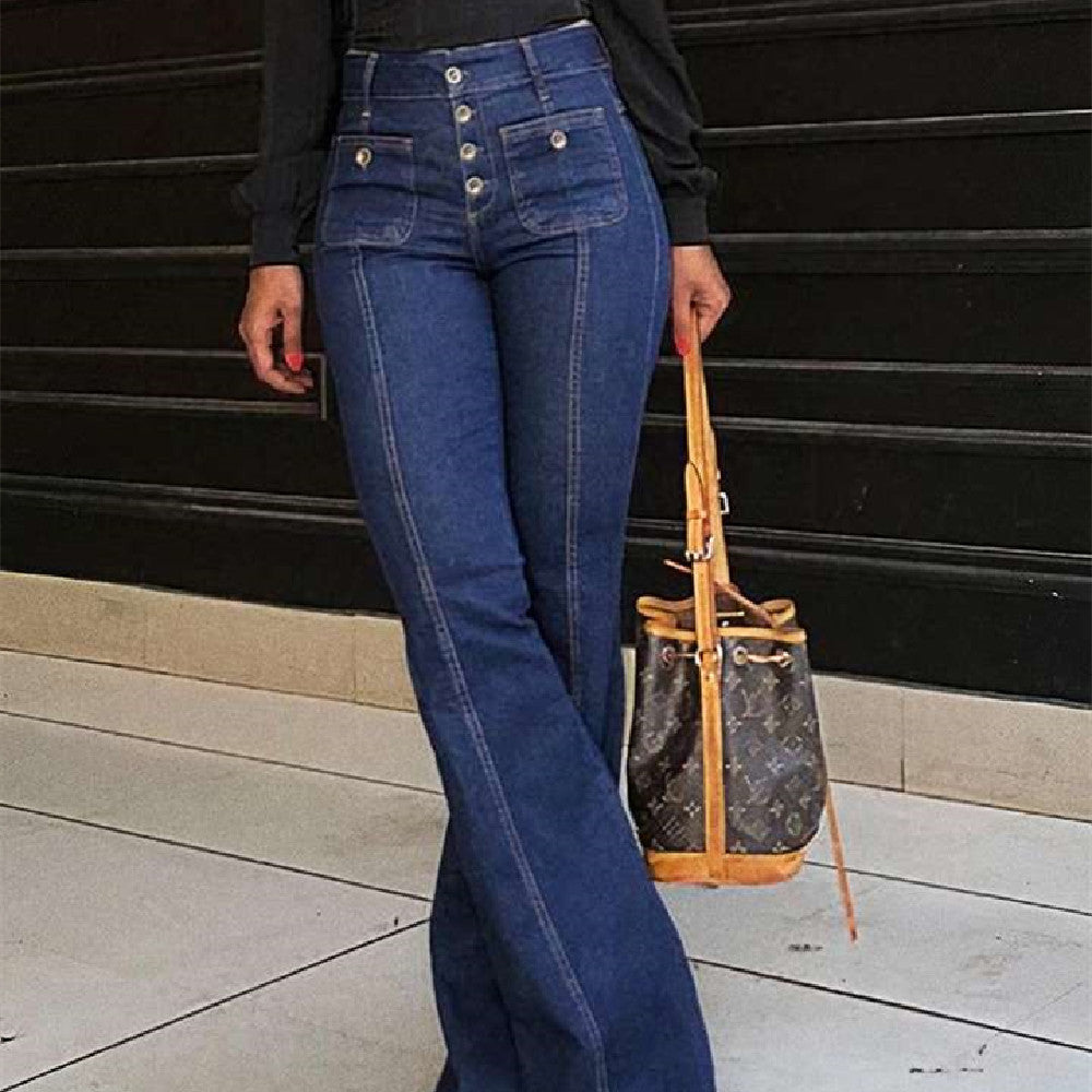 Stitching Washed Denim Stretch Slim Fit Bell-bottom Pants - Artisan Craft