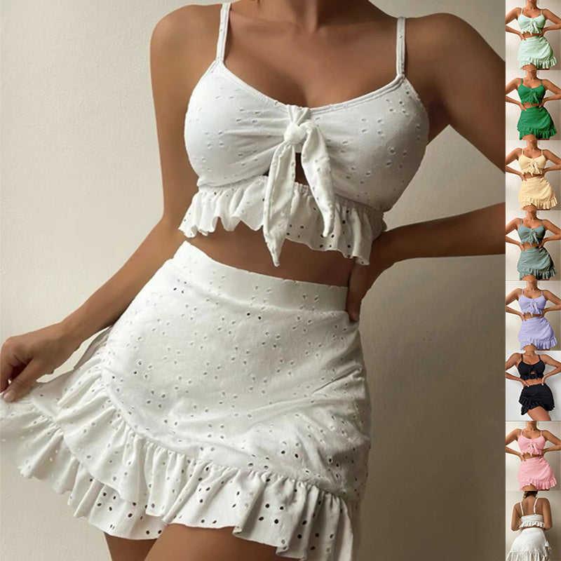 3-delad strandbikini med höftåtsittande kjol, moderiktig volangdesign, baddräktsset, sommarkläder för kvinnor