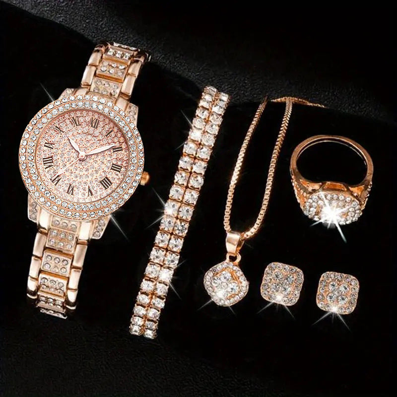 Women's Diamond Fashion Roman Quartz Watch - 5-Piece Set