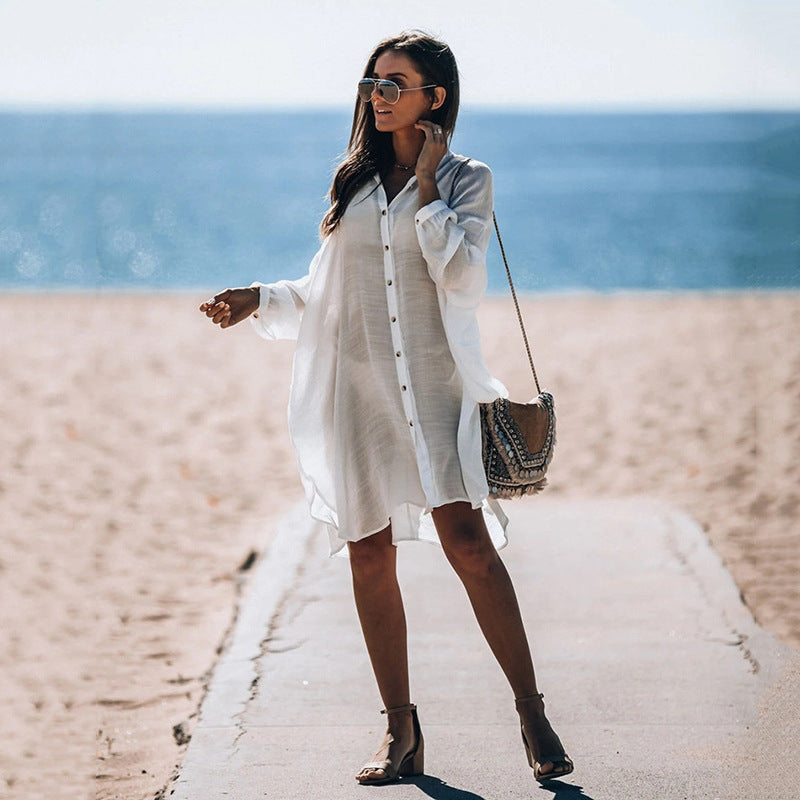 Dammode Enkelknäppt strandskjorta med solskyddsmedel