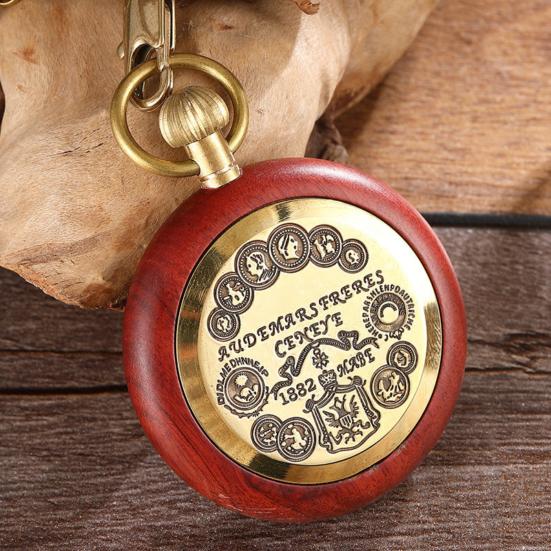 Red Copper Wood Roman Scale Retro Mechanical Pocket Watch - Modern Classic Elegant Timeless Sophisticated Precision Must-Have