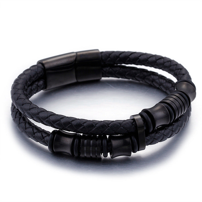 Guldfärgat rostfritt stål läderarmband herr svart herr läder wrap armband smycken armband med magnetlås