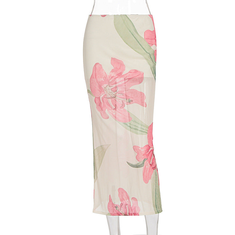 Holiday Fashion: Women's Printed Mesh Sheath Skirt - Vacation Style Mid-Length