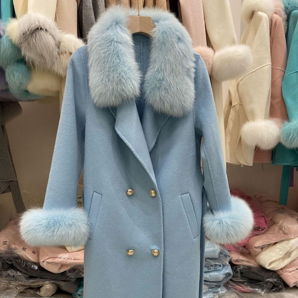 Fox Fur Collar Wool Double-Sided Woolen Coat Long For Women - Luxury Warmth Elegant Premium Durable
