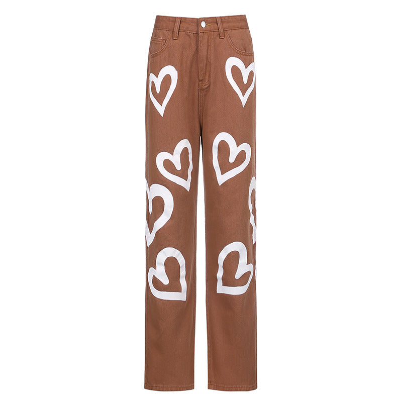 Jean slim droit taille haute pour femme, Love graffiti