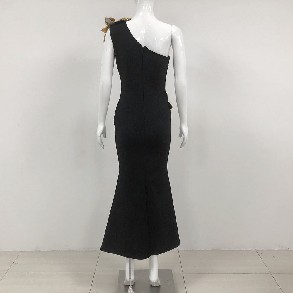 Slim-Fit Bandage Golden Flower Maxi Dress - Black Polyester