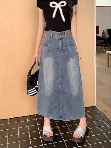 Retro Denim Skirt For Women Summer High Waist Back Slit Medium Long Slim A-line Skirt