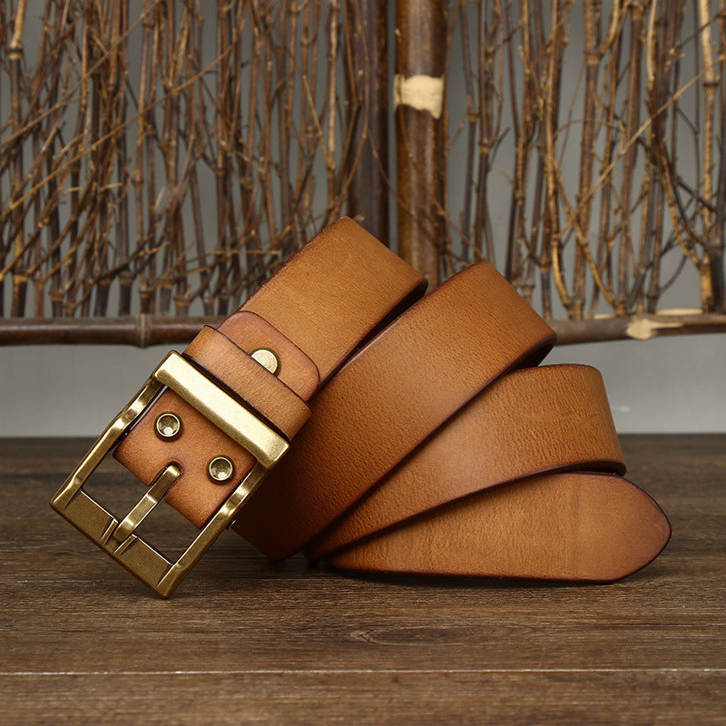 Men's Retro Washed Matte Top-Grain Leather Brass Buckle Belt - Sophisticated Texture