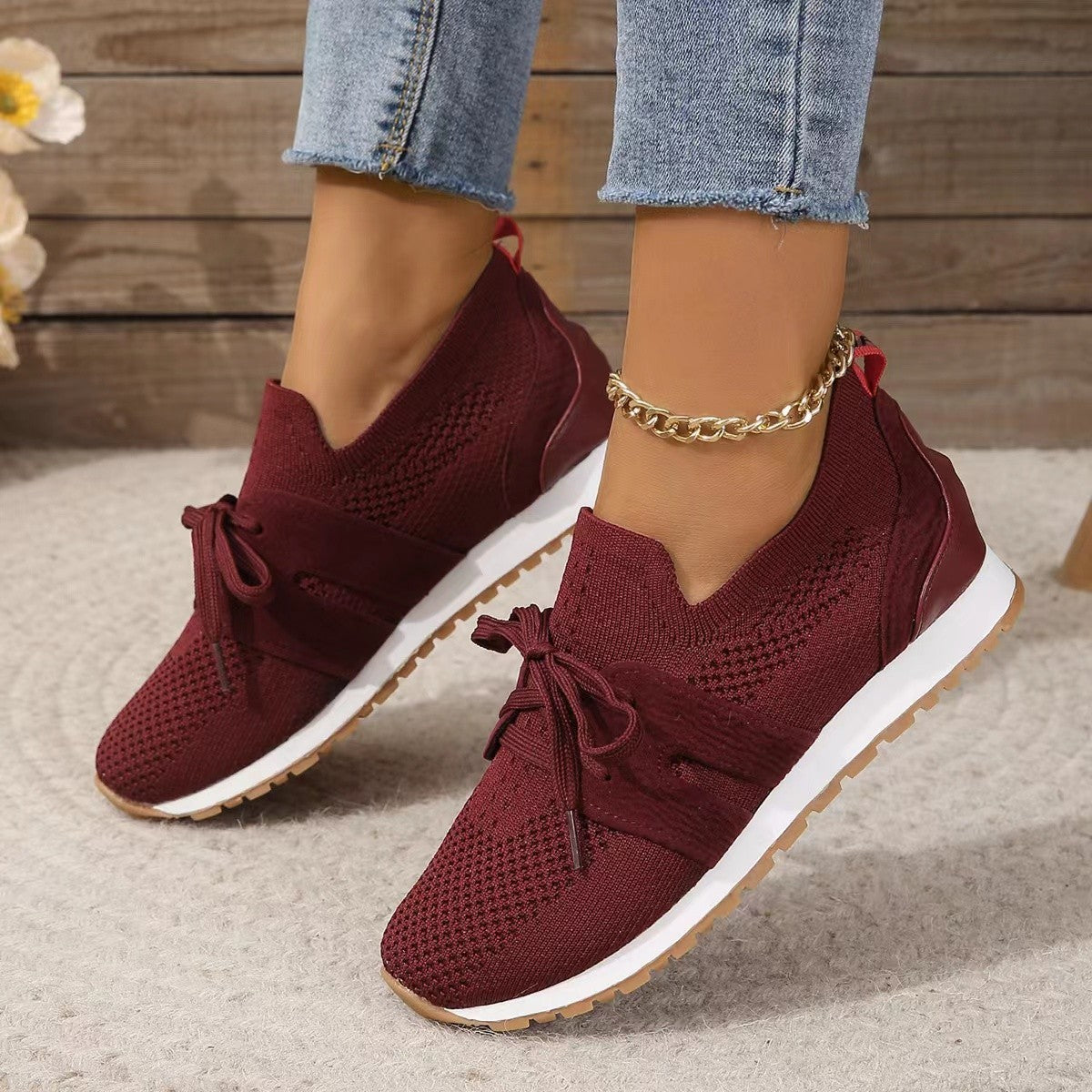 Nya Lace Up Mesh Flats Skor För Kvinnor Andas Casual Andas Walking Wedges Skor
