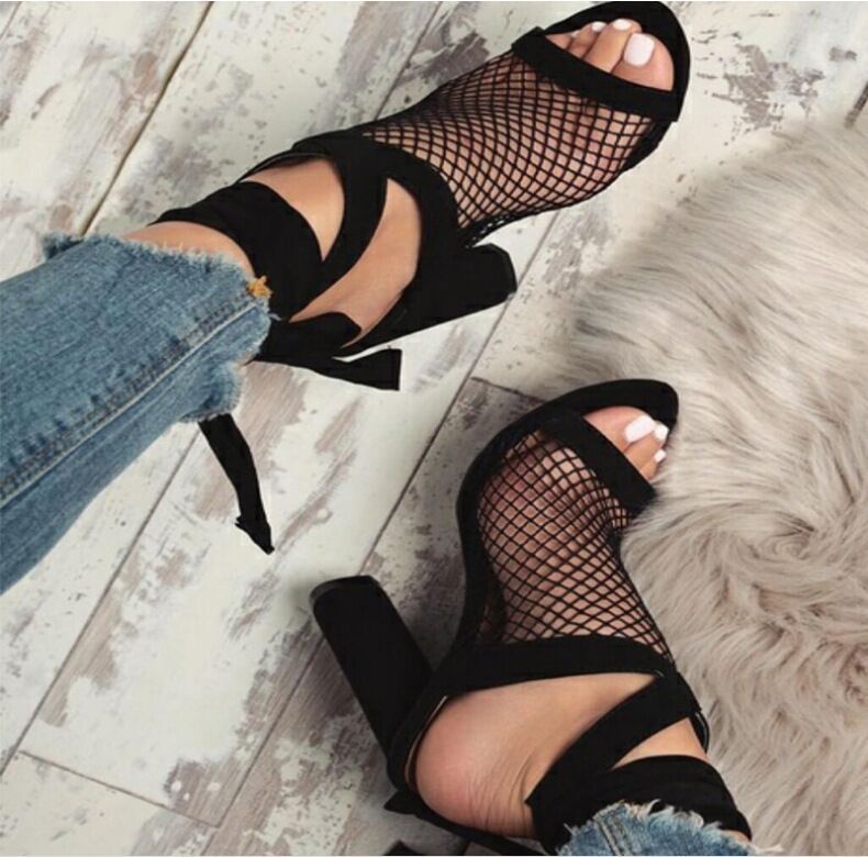 Dam Sandaler Bandage Flock Cross Strap Snöra högklackat sandal