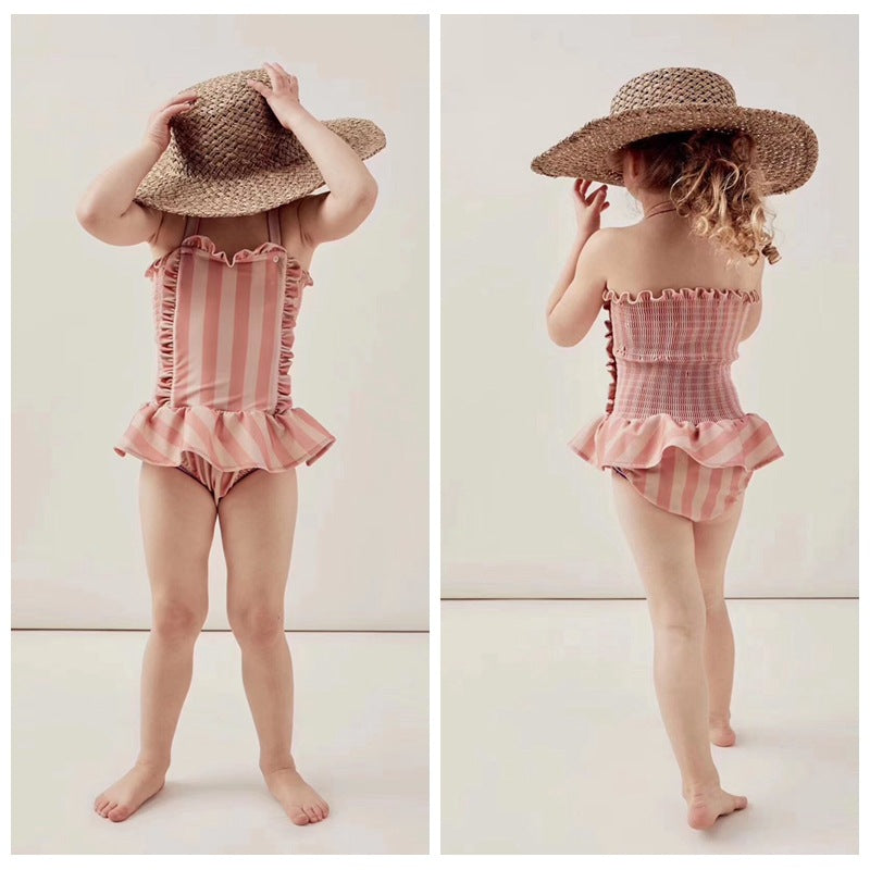 Maillots de bain pour enfants Ins Explosion modèles filles siamois rayé princesse vent dentelle maillot de bain