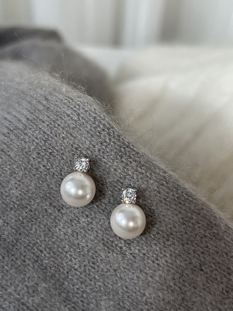 Copper Plating Single Zircon Pearl Silver Stud Earrings