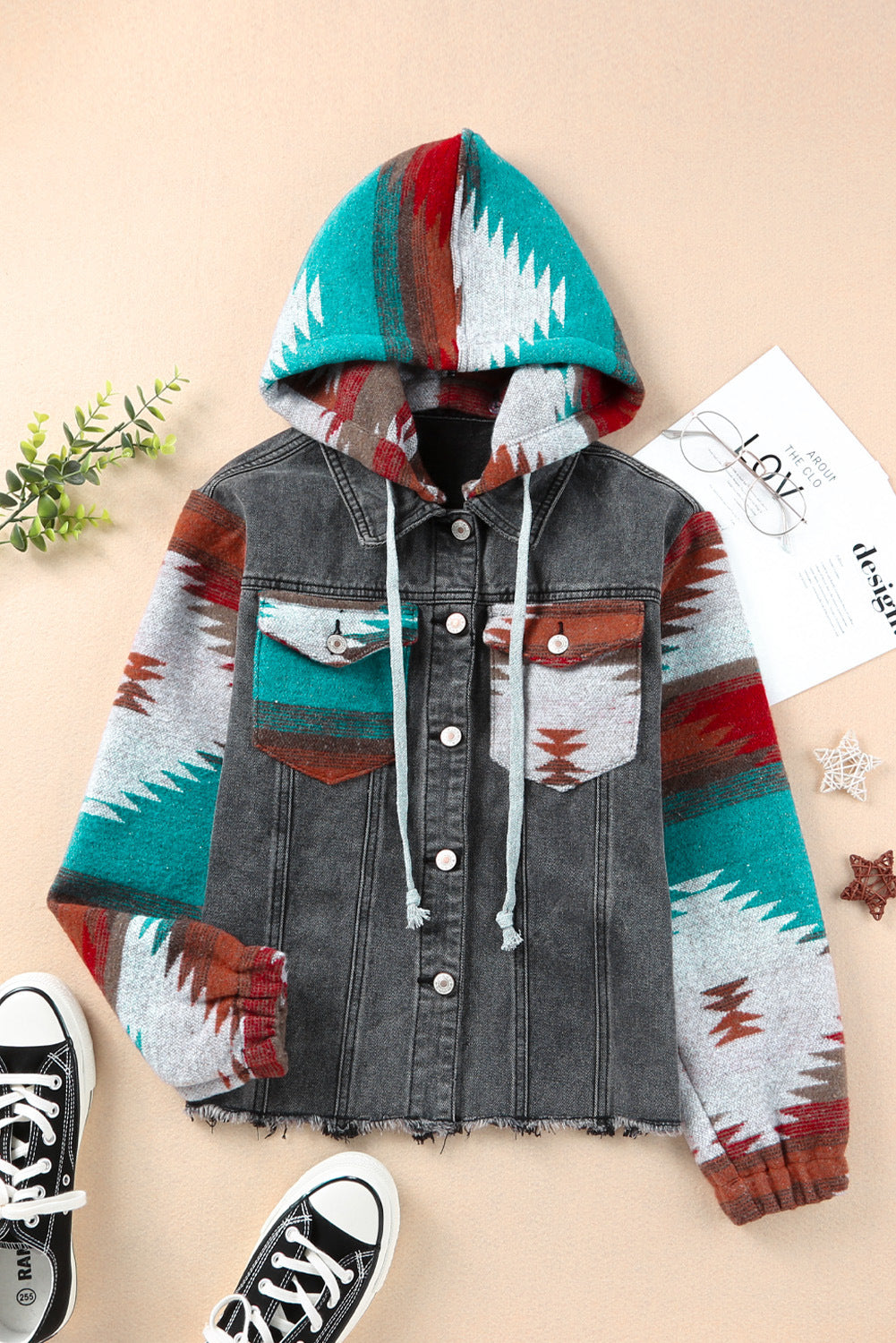 Western Style Denim Stitching Hooded Jacket Multi-Color Printed Frayed Hem Jacket - Edgy High-Quality Stylish Cozy